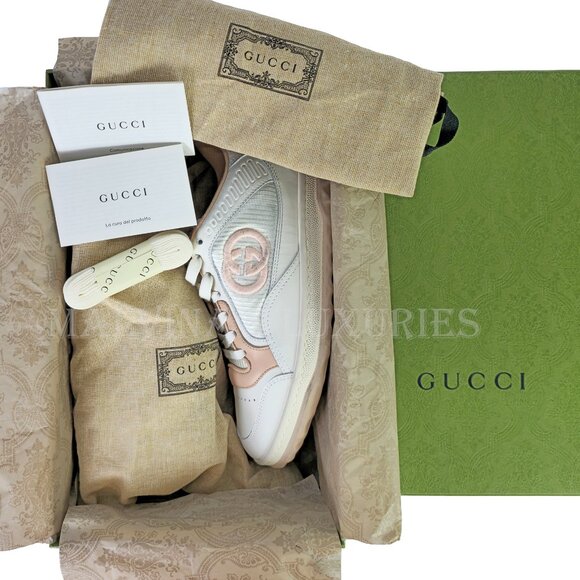 GUCCI SNEAKERS MAC 80 EMBROIDERED LOGO DISTRESSED LEATHER SHOES sz 37.5 7.5 - Picture 14 of 15